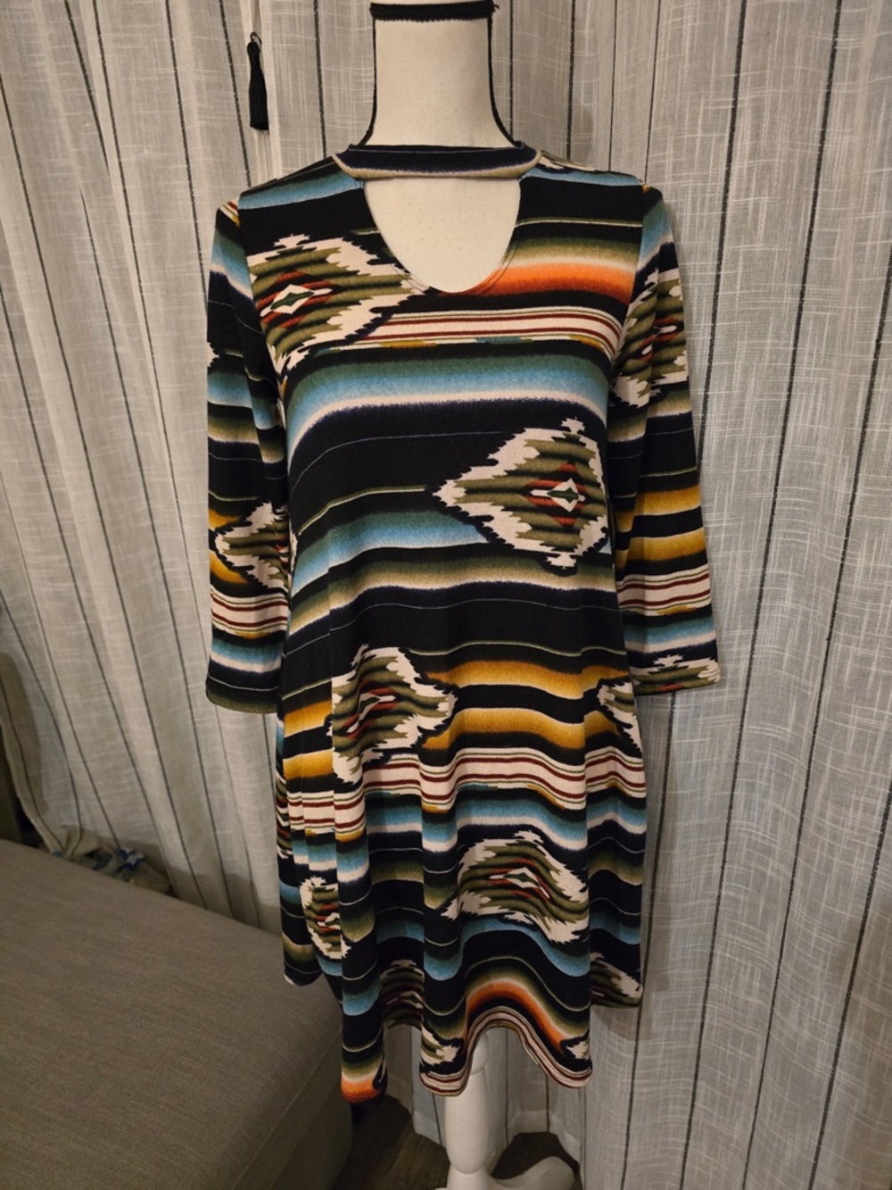 Yahada Southwestern Stripe Choker Midi Dress in Black, Teal, Mustard & Rust